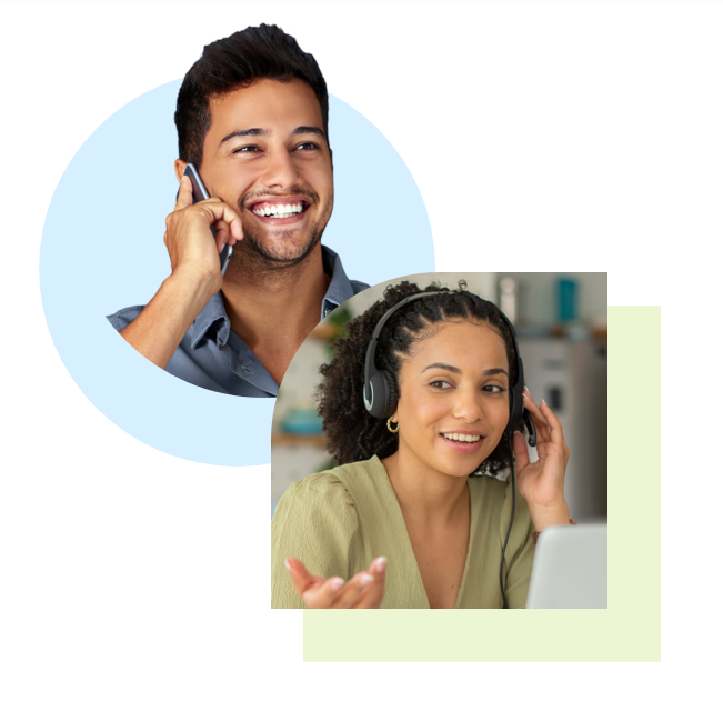 Two smiling professionals on business calls, one on a mobile phone and one on a headset