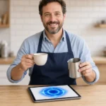 Smiling café owner with his hands full while a tablet on the counter answers a call