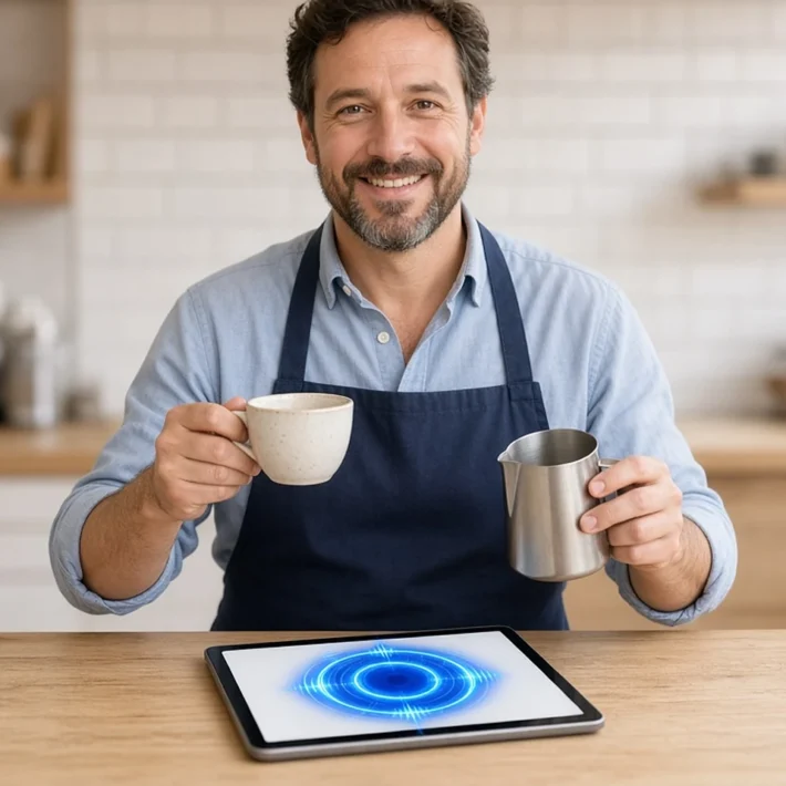 Smiling café owner with his hands full while a tablet on the counter answers a call