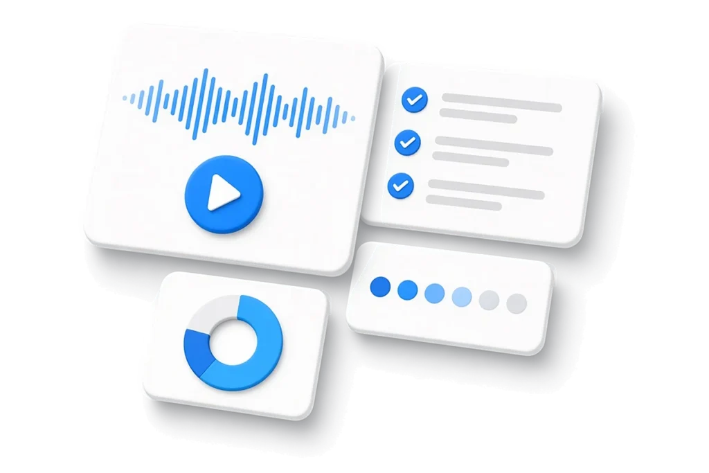 Call summary cards showing a recording, checked action items, sentiment, and a call breakdown chart