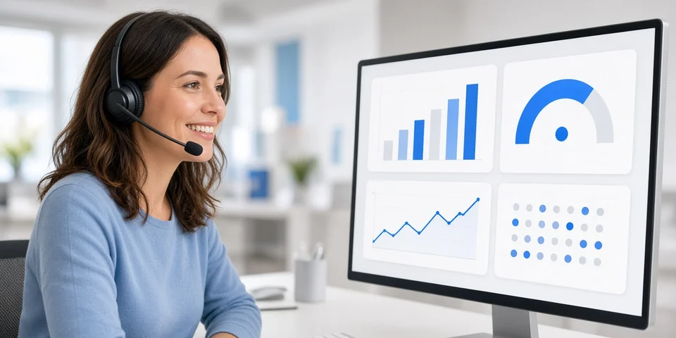 Smiling support agent in a headset reviewing a customer insights dashboard