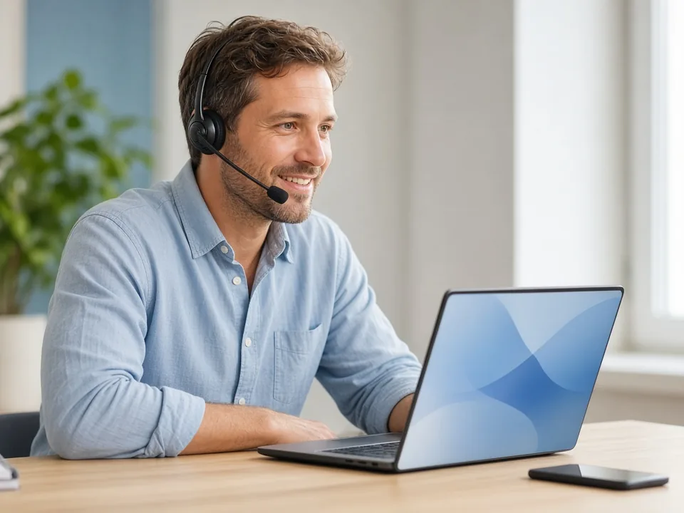 Smiling man wearing a headset on a call at his laptop in a bright home office