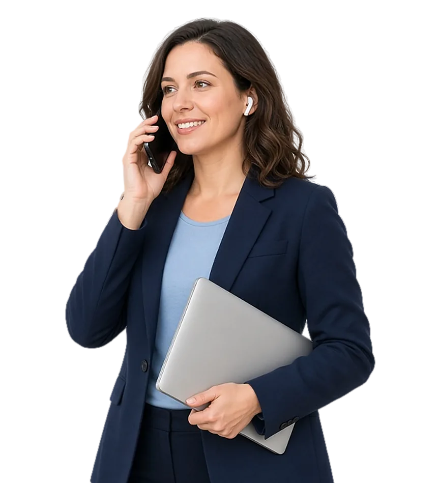Smiling professional in a navy blazer talking on her phone while carrying a laptop