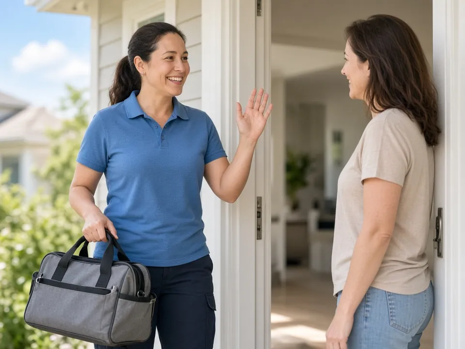 Technician in a blue polo with a gray bag waves to a smiling homeowner at her front door
