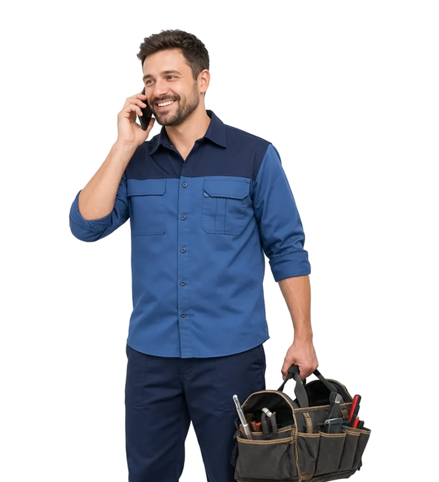 Smiling technician in a navy and blue work shirt talking on a phone while carrying a tool bag