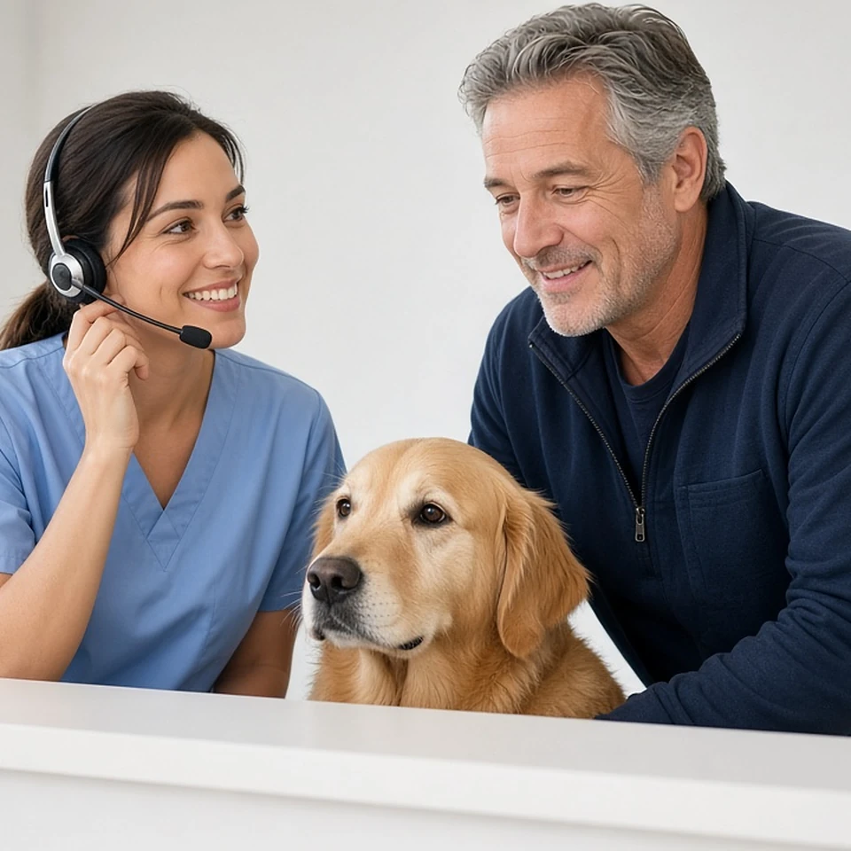 Veterinary receptionist in a headset answering a call while a pet owner waits with his golden retriever
