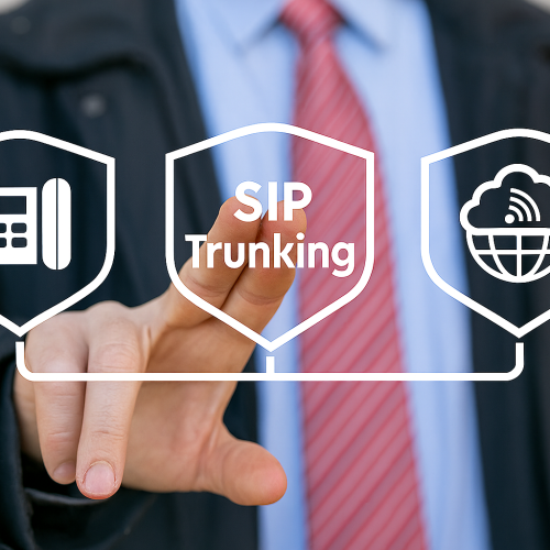 Hand touching a SIP Trunking icon that connects a desk phone and a cloud network