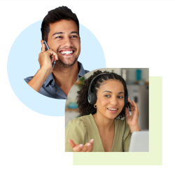 Two smiling professionals on business calls, one on a mobile phone and one on a headset